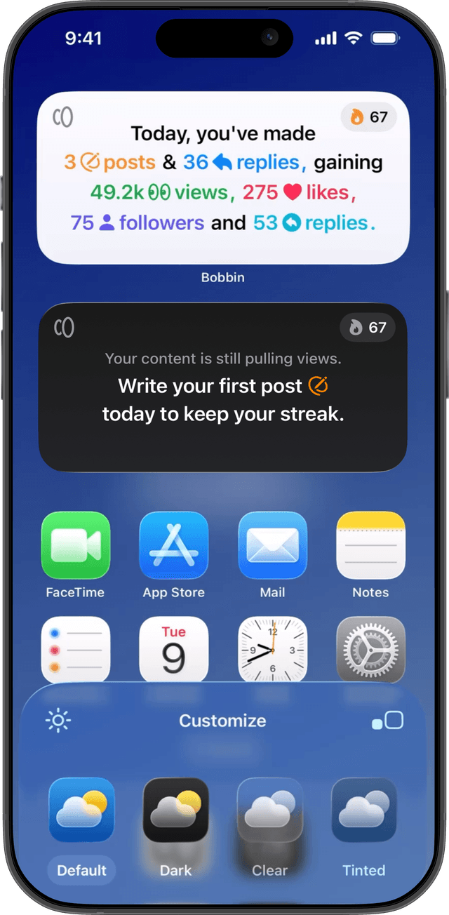 Bobbin iOS home screen widgets showing Threads follower count and streak