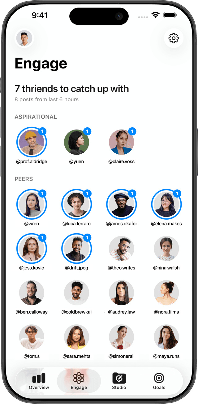 Bobbin Engage feature showing a curated list of friends' latest Threads posts