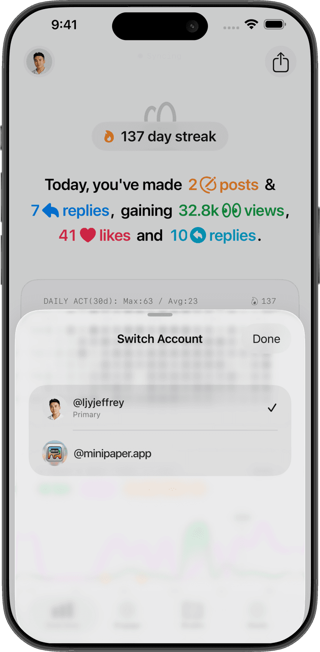 Bobbin multiple accounts feature showing quick switching between Threads accounts