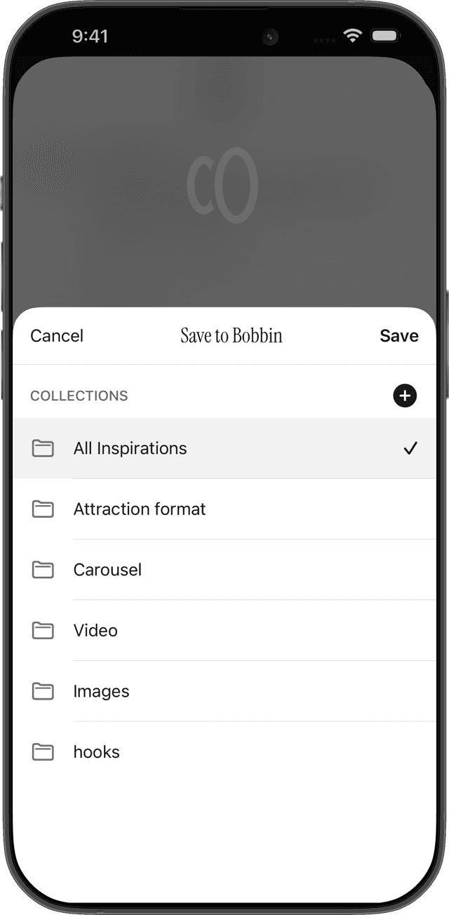 Bobbin inspiration collection showing saved Threads posts organized by category
